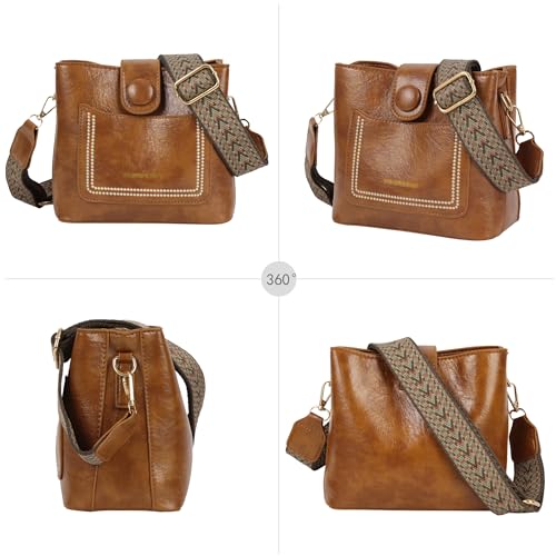 Image of Women Vintage Crossbody Shoulder Bag Pu Leather Bucket Hobo Bag Multipockets Handbag Purse with Guitar Strap