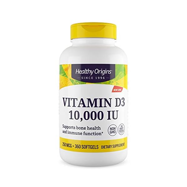 Healthy Origins Vitamin D3 (Lanolin) 10,000 IU Softgel - Bone Health and Immune Support Supplement - Easily Absorbable Vitamin D Supplements - Gluten-Free Vitamin D3 Supplement - 360 Softgels