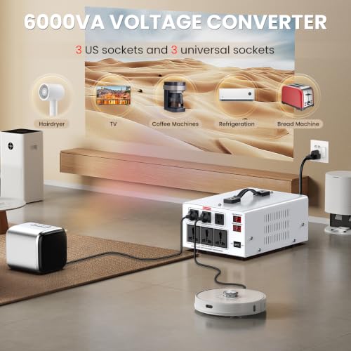 Image of 6000W Heavy Duty Voltage Converter Transformer - Step Up 110V to 220V & Step Down 220V to 110V, Auto Input Recognition, 3 US & 3 Universal Outlets, LCD Display, Circuit Breaker for Travel & Home