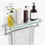 KOCOK 16-Inch Floating Tempered Glass Bathroom Shelf with Towel Bar - Chrome Polished & Stainless Steel, Wall Mount