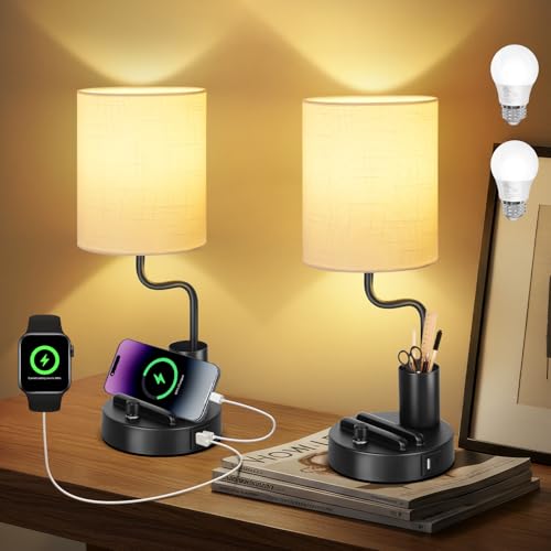 OUTON 2 Piezas Lámpara De Mesa, Regulable Táctil, 2700K Luz Cálida con Puertos De Carga USB A+C, Soporte Móvil & Portalápices, Pantalla Lámpara para Dormitorio, Salón, Oficina - Negro