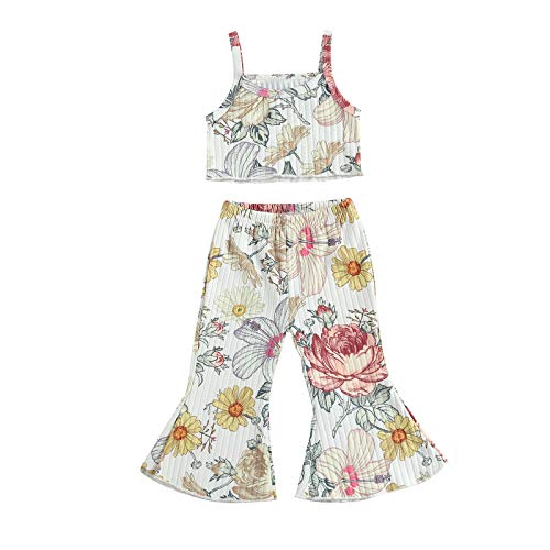 2 PCS Toddler Baby Girl Outfits Floral Crop Top and Bell Bottoms Leggings Flared Pants Set (Yellow, 4-5 T)