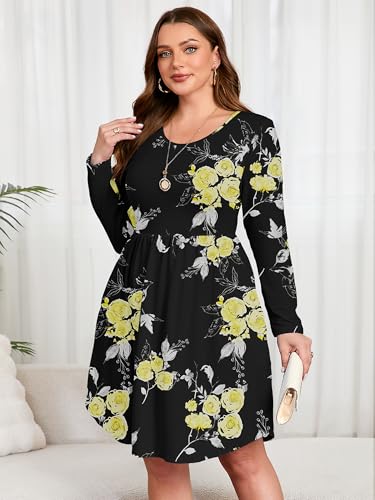 Image of AusLook Women's Plus Size Long Sleeve Midi Dress Casual Empire Waist Loose Flowy Dresses A-Line Boho Long Dress with Pockets