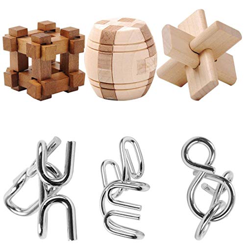 IQ Test Toy Disentanglement Puzzles Toy Ultimate IQ Test Metal Brain Teaser Puzzles Highly Stimulating Brain Teasers Include 3Pcs Iron Metal Puzzle and 3Pcs Wooden Kong Ming Lock