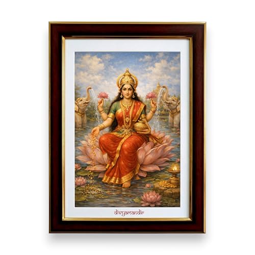 Image of divyamandir Lakshmi Maa Framed Wall Art (18 x 14 Inches) | Traditional Hindu Goddess Painting with Glass Frame | Decorative Photo Frame for Home, Pooja Room & Office Decor (Lakshmi Maa)