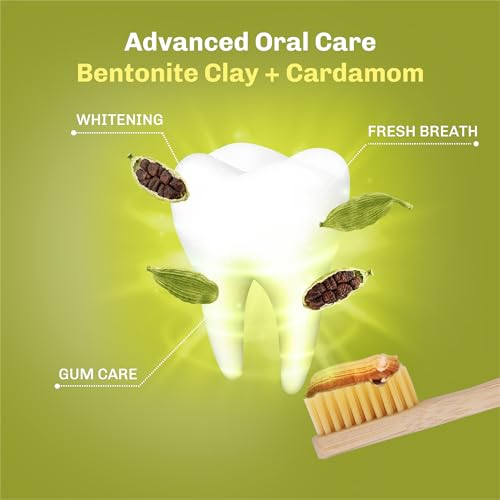 Image of BENTODENT Fluoride Free Remineralizing Calcium Bentonite Clay Toothpaste - Cardamom Flavor Natural Toothpaste, Mint-Free, 3.52 oz - Ideal for Sensitive Teeth & Whitening with Toothbrush