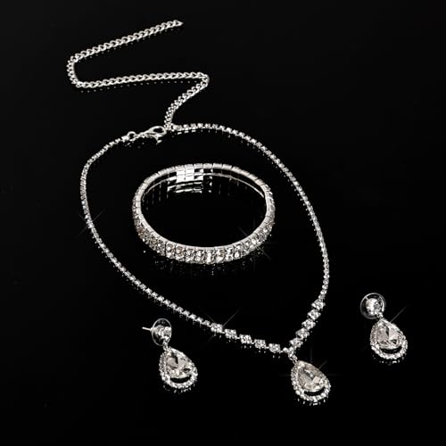 Women Jewelry Set Silver Necklace Earrings Bracelet Rhinestone Crystal Bridal Wedding Jewelry Sets for Brides Bridesmaid Wedding Party - Image 4