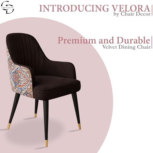 Image of Velvet Accent Chair | Modern Upholstered Dining Chair for Living Room, Office, Lounge & Vanity | Sturdy & Stylish Armchair (Floral, Dark Brown)