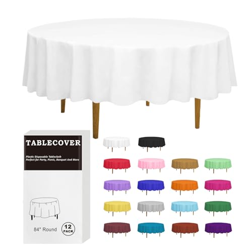 D&Z Lot de 12 nappes Rondes jetables en Plastique Blanc de 213,4 cm pour fête, Anniversaire, Mariage, Noël