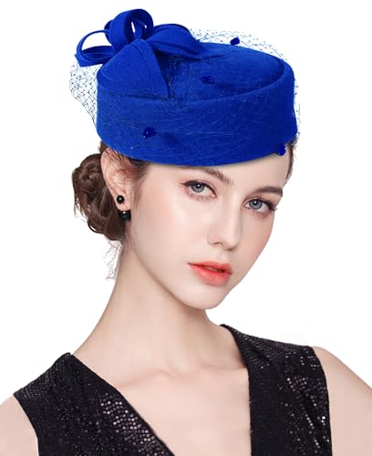 Ellydoor Wool Fascinator Hat Winter Wool Felt Pillbox Hat For Women Wedding Church Hat Veil Flower Fedoras cover