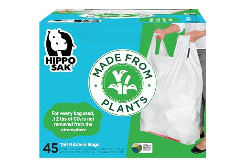 Product Image of the Hippo Sak - Plant Based Tall Kitchen Garbage Bags with Ergonomic Handles - 13 Gallon Trash Bags - Recyclable & Reduced Carbon Footprint - Super Strong and Leak Proof Tall Kitchen Trash Bags (45 Count)