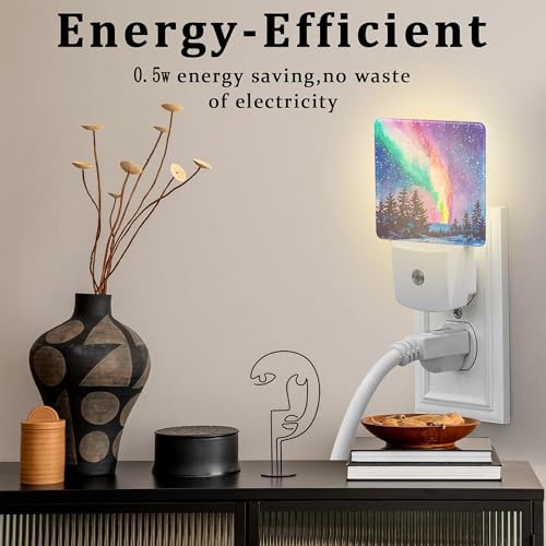 Image of Northern Lights Starry Night Night Light Plug into Wall, Winter Snowy Forest 0.5w Energy Saving Sleep Friendly Dusk to Dawn NightLights for Kids Boys Girls Home Decor