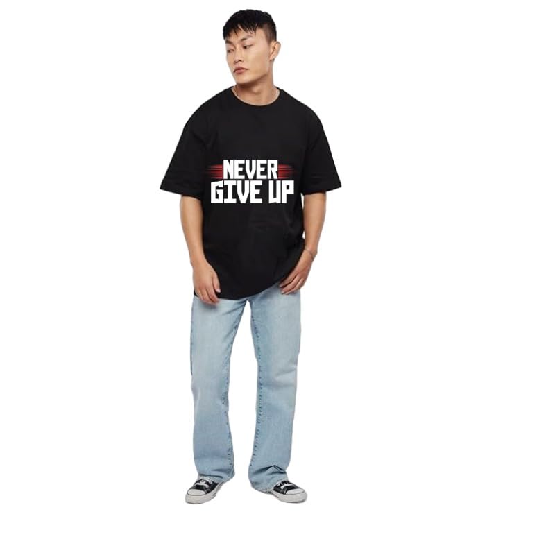LUNVA Men's Oversized Graphic Printed Cotton T-Shirt | Never Give Up Front Print & Broken Rules Back Print | Half Sleeve Round Neck Casual Streetwear Oversized Tee | Black-picture-37