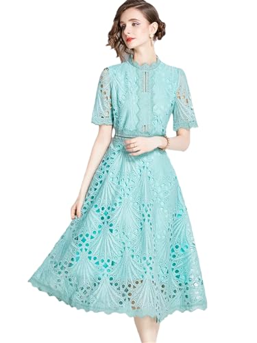 Image of Womens Vintage High-End O-Neck Short Sleeve Lace Hollow Out Dress Slim Elegant Long Dress