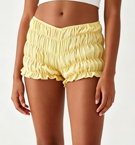 Image of NUFIWI Women's Y2k Ruched Mini Shorts Low Waist Ruffle Frill Bloomers Lounge Pajamas Smocked Micro Shorts Sleepwear