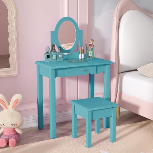 Image of HLR Little Girls Vanity Set with Mirror and Stool,Wooden 2 in 1 Princess Makeup Desk Dressing Table with Detachable Top,Toddler Vanity Dresser Set with Drawer,Blue