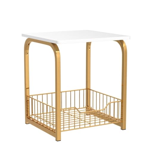 Image of Coffee Table Side Table, MDF Metal, with Storage Basket for Living Bedroom | Side End Table for Living Room, Bedroom, Office (Gold White)