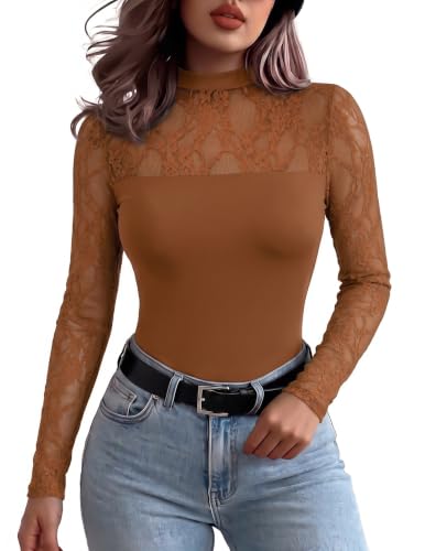 Zeagoo Women's Long Sleeve Tops Lace Crew Neck Fitted Sheer Mesh Sexy Shirt