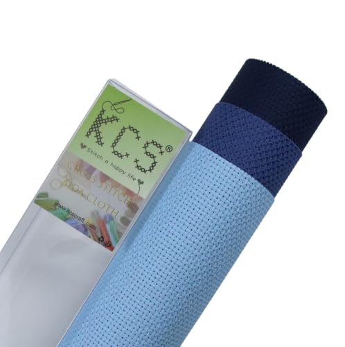 Image of KCS 3 pc of 15 inch x 18 inch(38cmx45cm) 14 Count Cross Stitch Cotton Aida Cloth Needlework Rolled Fabric Box,14CT,Light Blue+Jeans Blue+Navy Blue