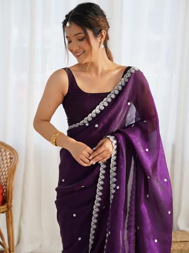 Image of AKHILAM Women's Shimmer Tissue Embroidered Saree With Unstitched Blouse Piece