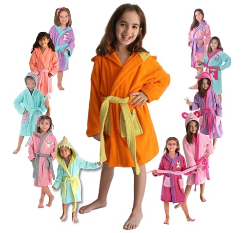 LEBENGOOD - Albornoz Niñas, Algodón, 100% Algodón OEKO-TEX®, 2 Bolsillos, Cinturón, Capucha, Albornoz Felpa suave con bordados para niñas, Albornoz Infantil (Leone 6-8 años)