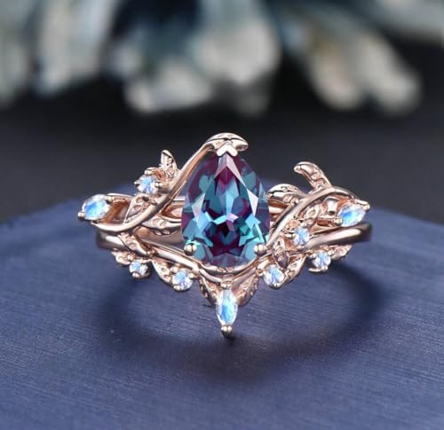 Vintage Pear Alexandrite Engagement Ring Set Bridal Set for Women Blue Moonstone Accents Anniversary Promise Ring Gift2