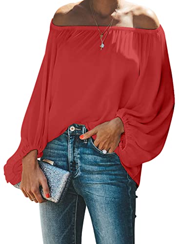 Paitluc Women Tops and Blouses Off Shoulder Lantern Long Sleeve Blouses Red Size M