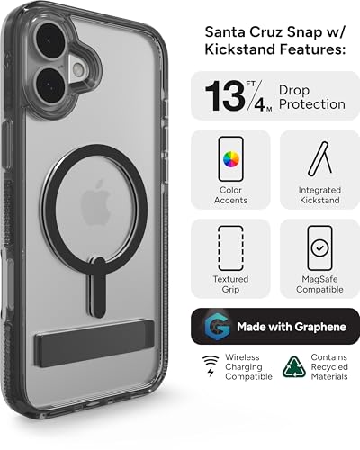 Image of ZAGG Santa Cruz Snap with Kickstand Case for iPhone 16 Plus - MagSafe Compatible, 13ft Military-Grade Drop Protection, Reinforced with Graphene, Slim Clear Case with Vibrant Color Accents, Black