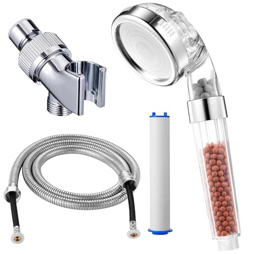 XYCING Filtered Shower Head with Mineral Stone Beads Filter, 3 Settings Handheld Spray Shower, High Pressure Water Saving Showerhead with Hose, Adjustable Shower Arm Mount and PP Cotton Filter Refill