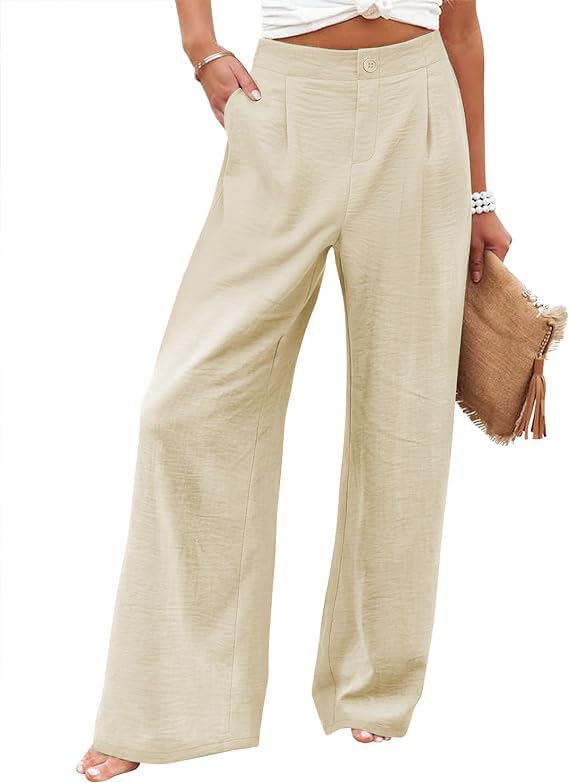 Womens Casual Linen High Waist Wide Leg Pants Palazzo Boho Flowy Beach Vacation Lounge Trousers with Pockets