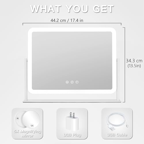 Image of HIEEY Vanity Mirror with Lights, 17.4 inch x 13.5 inch Lighted Makeup Mirror, Three Color Lighting Modes, and 5X Magnification Mirror, Smart Touch Control, 360Rotation (White,Gift Box)