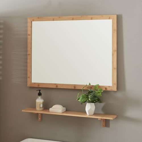 [en.casa] Badspiegel mit Ablage Boksereys Wandspiegel mit Regal im Set Badezimmerspiegel 80 x 60 cm Spiegel für Badezimmer Flur Ankleidezimmer Bambusrahmen Natur