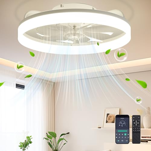 Ceiling Fans with Lights and Remote Fandelier - White 20'' Flush Mount Low Profile Modern Ceiling...