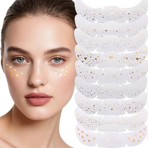 10 Stück Glitzer Gesicht Sommersprossen Tattoo - Goldene wasserfeste temporäre Tattoos mit Sternen, Punkten, Monden und Schmetterlingen, Festival Freckles