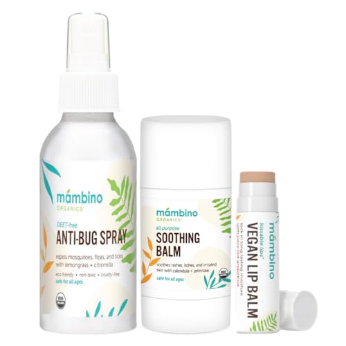 Image of Mambino Organics Outdoor Set, DEET-Free Anti-Bug Spray, Soothing Balm, Vegan Lip Balm, Organic Ingredients, No Animal Testing, 4 fl oz