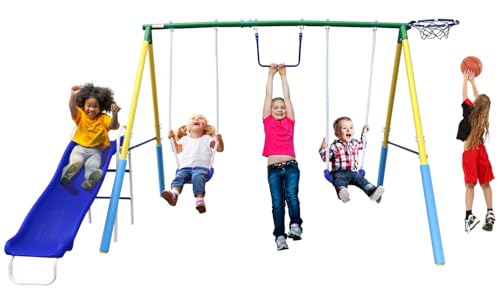 5-in-1 Swing Sets for Backyard for Kids 3-8, Tree Swings for Kids Outdoor with Slide, Basketball Hoop, Two Swing Seats and Gymnastics Rings