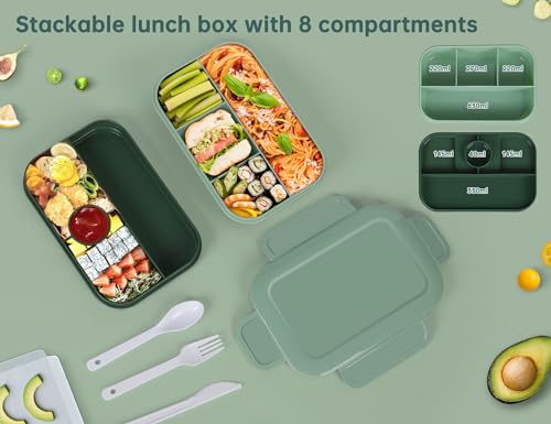 HappyRhino Bento Box Adult Lunch Box for Women - 2000ml Double Layer Leak-Proof, 4+4 Compartment, With Fork & Spoon, BPA Free, Microwave Dishwasher Safe (Green)