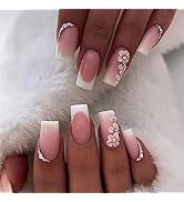 24 PCS Pink White Medium Fake Nails French Tip Press on Nails Square False Nails with Rhinestones...