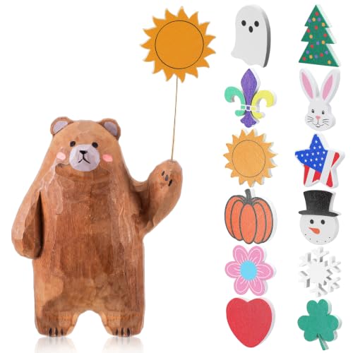 Novabright 13 Pcs Interchangeable Seasonal Tabletop Sign Summer Wooden Brown Bear Decor Mini Standing Signs Farmhouse Convertible Holiday Wood Welcome Sign for Autumn Halloween Table Decor
