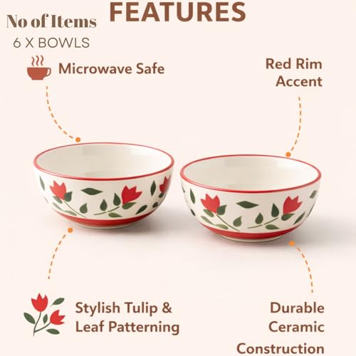 Image of Freakway Ceramic Tulip Small Bowls, 180ml Capacity, 4.1 inch Diameter Mini Dessert & Snack Bowls with Red Floral Design, Microwave & Dishwasher Safe Porcelain, Set of 6