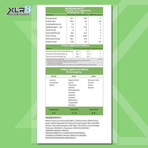 Image of XLR8 Whey Protein Powder with 24 g Protein Content & 5.4 g BCAA (3628 g (Pack of 1), Cookies & Cream)