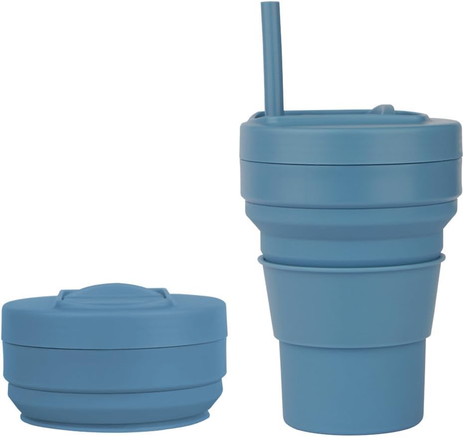 Collapsible Silicone Cup 12 oz BPA Free Reusable Travel Cup with Lid & Straw Foldable Pocket Size for Hot & Cold Drinks Camping, Hiking, Office, Outdoor (Black)