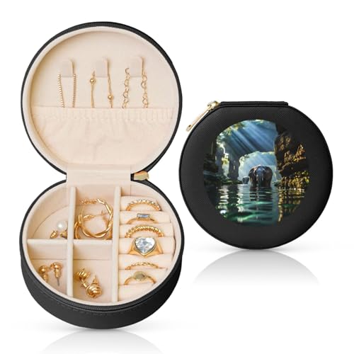 Boîte à bijoux de voyage éléphant asiatique dans l'eau - Rangement pour bijoux - Pour femme - Pour collier, boucles d'oreilles, bagues et accessoires - Noir rond