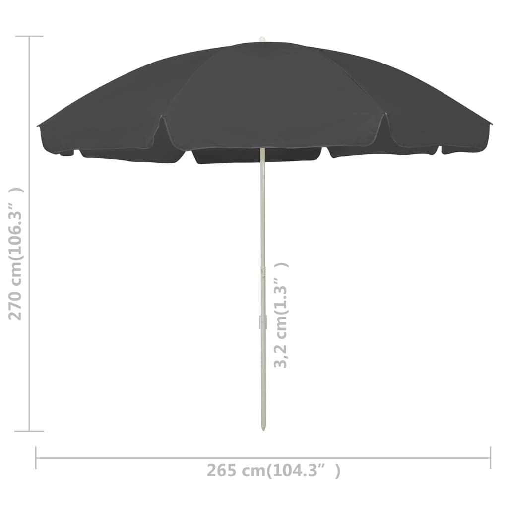 Parasol plażowy antracyt 300 cm z ochroną UV i funkcją przechylania, parasol ogrodowy i tarasowy, średnica 265 cm, poliester odporny na blaknięcie