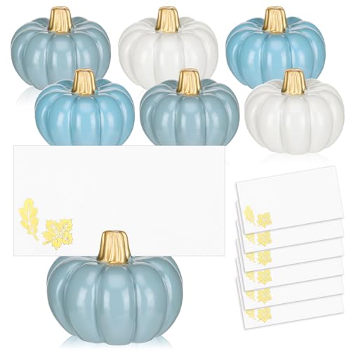 Amyhill 6 Pcs Fall White Blue Pumpkin Place Card Holder with Cards
