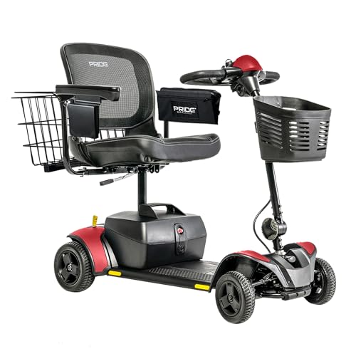 Pride Mobility Go Go Elite Traveler 2 Plus Accessories, 4-Wheel Mobility Scooter for Adults with EZ Turn Technology, Rear Basket, Cup Holder, Saddle Bag, 300 lb Capacity, Extended Warranty (Red)