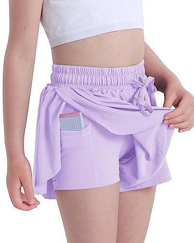 Kereda Girls Flowy Shorts With Spandex Liner 2-In-1,Butterfly Shorts For Girls,Running Tennis Elastic Waist Shorts For Youth/Kids/Toddler 9-10Y (Light Purple) #TOP1