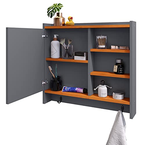 Armário Com Espelho Porta Gancho Para Toalha Banheiro Genova (Cinza/Cinamomo)