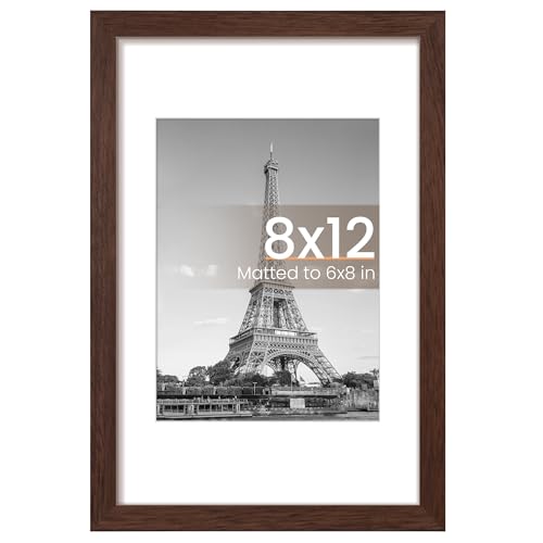 Image of upsimples 8x12 Picture Frame, Display Pictures 6x8 with Mat or 8 x 12 Without, Wall Hanging Photo Frames, Brown, 1 Pack