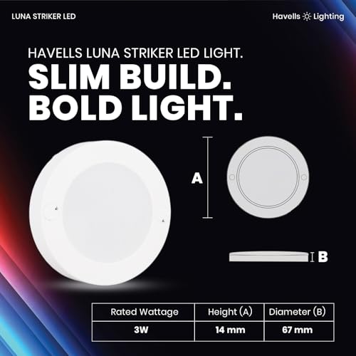 Image of Havells Luna Striker LED 3W 6500K Ceiling Light Energy Efficient WIDEST 7 Colour Option Perfectly FITS in Junction Boxes Powder Coated Polycarbonate HOUSING,60 Lumen Per Watt 6500K